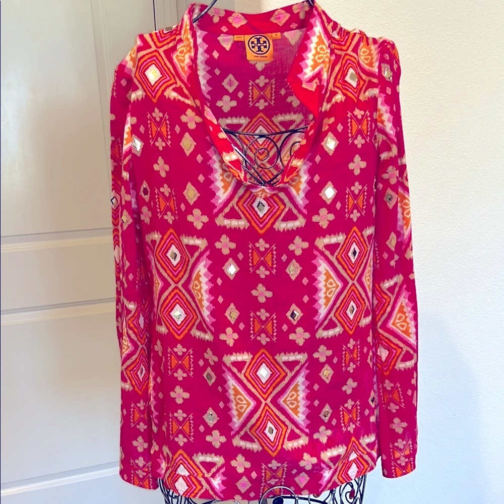 Tory Burch Fuchsia Geometric V-Neck Long-Sleeve Blouse